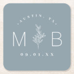 Rustic Floral Stem Wedding Monogram | Dusty Blue Square Paper Coaster<br><div class="desc">Personalize the template with the bride and groom's names or monogram initials. Add your wedding date, the city, state or venue name or any other custom text. This modern rustic logo-style design has a simple floral stem and mixed typography. Use the design tools to choose any colors, edit the fonts...</div>