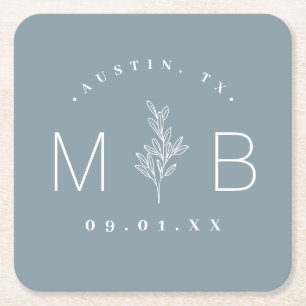 Rustic Floral Stem Wedding Monogram Dusty Blue Square Paper Coaster