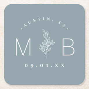 Rustic Floral Stem Wedding Monogram   Dusty Blue Square Paper Coaster