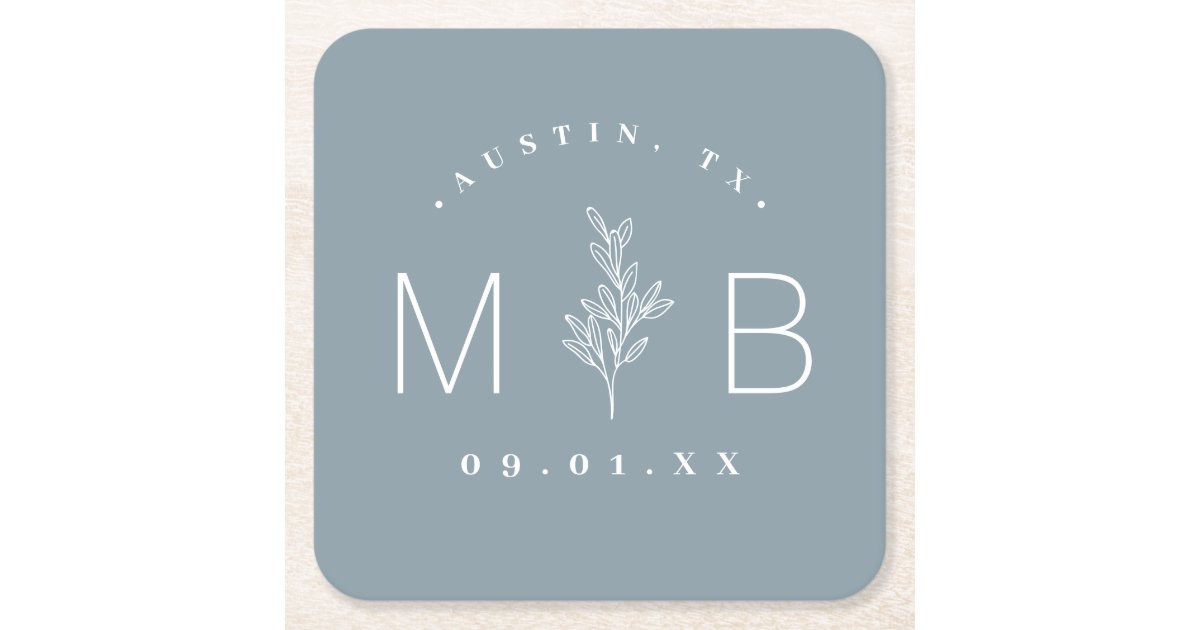 Rustic Floral Stem Wedding Monogram | Dusty Blue Square Paper Coaster | Zazzle