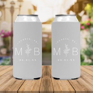 Rustic Floral Stem Wedding Monogram Gray Seltzer Can Cooler