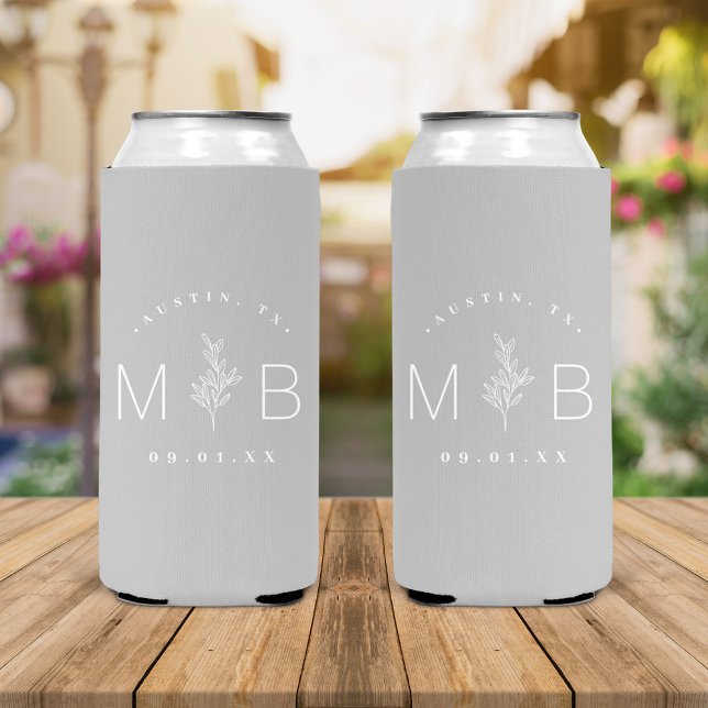 Rustic Floral Stem Wedding Monogram | Gray Seltzer Can Cooler (Creator Uploaded)