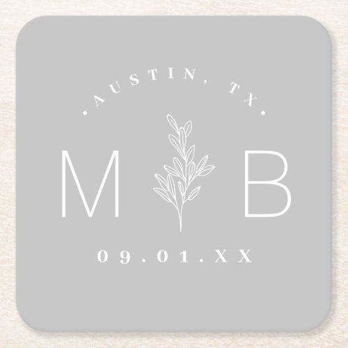 Rustic Floral Stem Wedding Monogram  Gray Square Paper Coaster