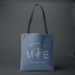 Rustic Floral Stem Wedding Monogram | Lake Blue Tote Bag<br><div class="desc">Custom printed tote bags make a fun and functional wedding favor your guests will love! Personalize the template with the bride and groom's names or monogram initials. Add your wedding date, the city, state or venue name or any other custom text. This modern rustic logo-style design has a simple floral...</div>