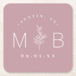 Rustic Floral Stem Wedding Monogram | Mauve Square Paper Coaster<br><div class="desc">Personalize the template with the bride and groom's names or monogram initials. Add your wedding date, the city, state or venue name or any other custom text. This modern rustic logo-style design has a simple floral stem and mixed typography. Use the design tools to choose any colors, edit the fonts...</div>