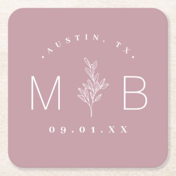 Rustic Floral Stem Wedding Monogram | Mauve Square Paper Coaster by rileyandzoe at Zazzle