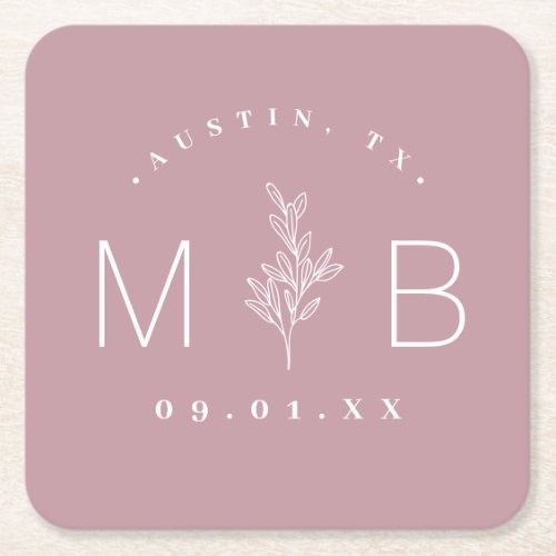 Rustic Floral Stem Wedding Monogram  Mauve Square Paper Coaster