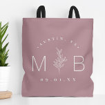 Rustic Floral Stem Wedding Monogram | Mauve Tote Bag<br><div class="desc">Custom printed tote bags make a fun and functional wedding favor your guests will love! Personalize the template with the bride and groom's names or monogram initials. Add your wedding date, the city, state or venue name or any other custom text. This modern rustic logo-style design has a simple floral...</div>