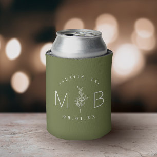 Rustic Floral Stem Wedding Monogram Olive Green Can Cooler