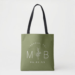 Rustic Floral Stem Wedding Monogram   Olive Green Tote Bag