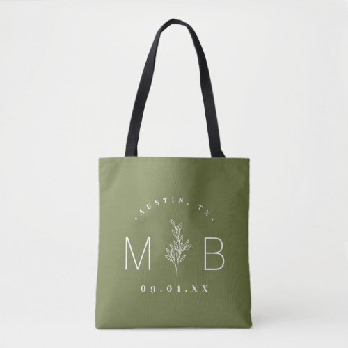 Rustic Floral Stem Wedding Monogram  Olive Green Tote Bag