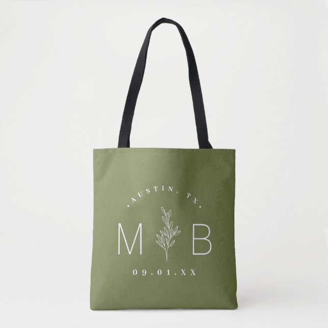 Rustic Floral Stem Wedding Monogram | Olive Green Tote Bag (Front)