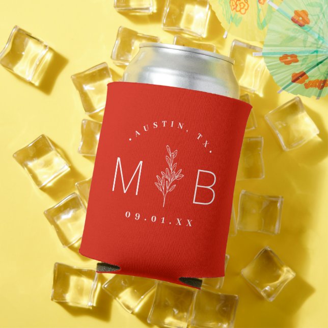 Rustic Floral Stem Wedding Monogram | Red Can Cooler (In Situ Summer)