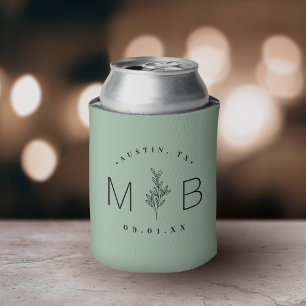 Rustic Floral Stem Wedding Monogram   Sage Can Cooler