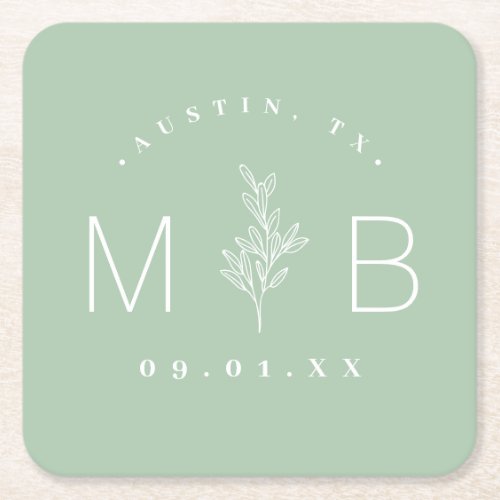 Rustic Floral Stem Wedding Monogram  Sage Square Paper Coaster