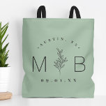 Rustic Floral Stem Wedding Monogram | Sage Tote Bag<br><div class="desc">Custom printed tote bags make a fun and functional wedding favor your guests will love! Personalize the template with the bride and groom's names or monogram initials. Add your wedding date, the city, state or venue name or any other custom text. This modern rustic logo-style design has a simple floral...</div>