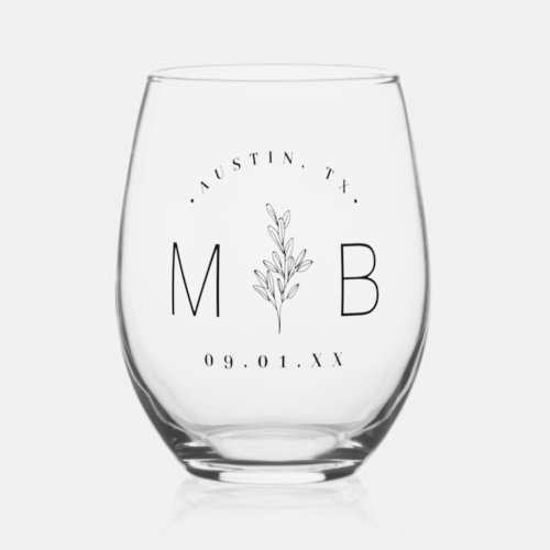 Rustic Floral Stem Wedding Monogram Stemless Wine Glass