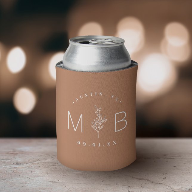 Rustic Floral Stem Wedding Monogram | Terra Cotta Can Cooler (Creator Uploaded)