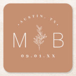 Rustic Floral Stem Wedding Monogram | Terra Cotta Square Paper Coaster<br><div class="desc">Personalize the template with the bride and groom's names or monogram initials. Add your wedding date, the city, state or venue name or any other custom text. This modern rustic logo-style design has a simple floral stem and mixed typography. Use the design tools to choose any colors, edit the fonts...</div>