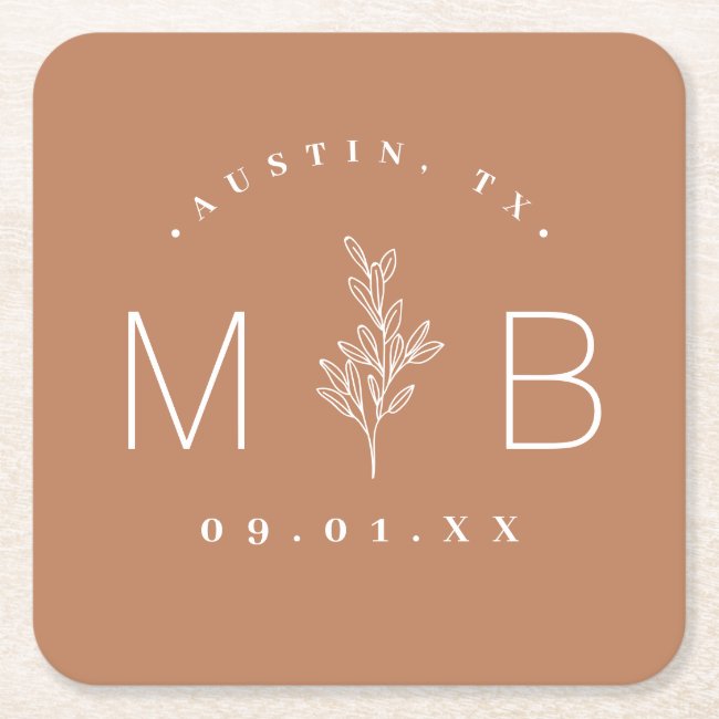 Rustic Floral Stem Wedding Monogram | Terra Cotta Square Paper Coaster