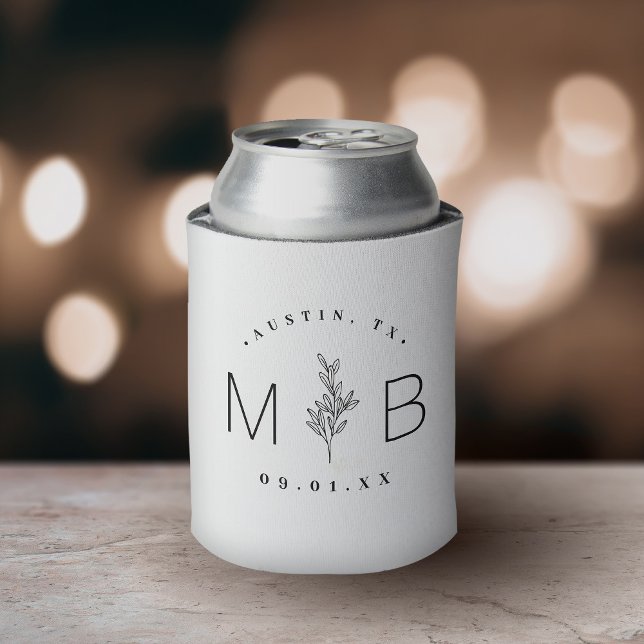 Rustic Floral Stem Wedding Monogram | White Can Cooler (Creator Uploaded)