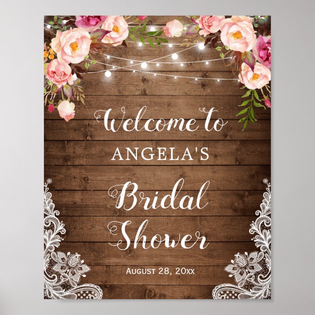 Rustic Floral String Light Lace Bridal Shower Sign