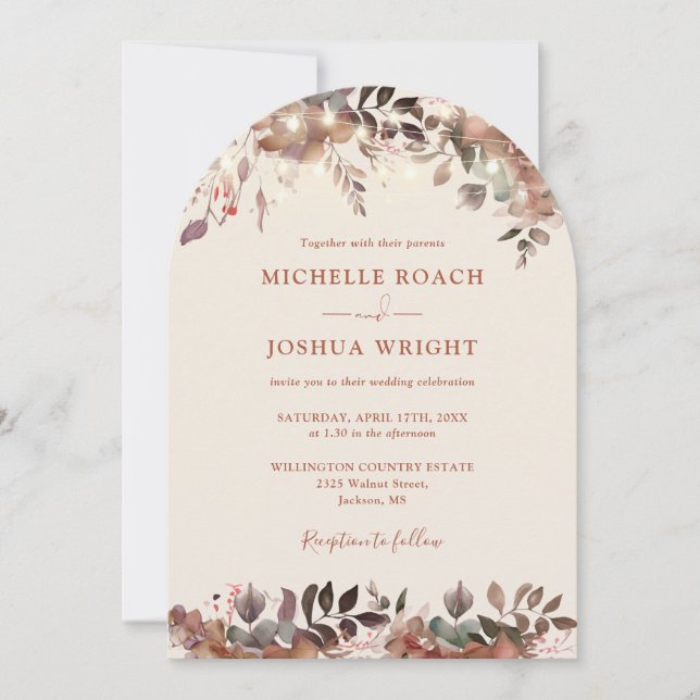 Rustic Floral String Lights Arch QR Code Wedding Invitation (Front)