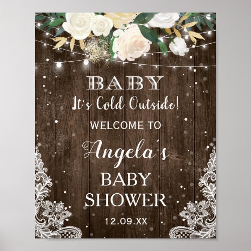 Rustic Floral String Lights Baby Its Cold Outside Poster