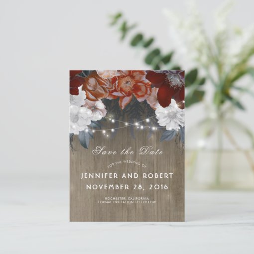 Rustic Floral String Lights Barn Save The Date Announcement Postcard