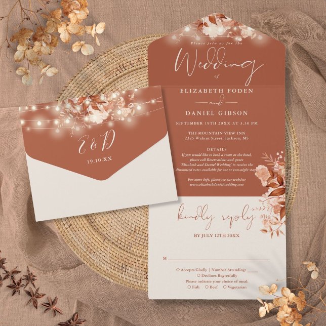 Rustic Floral String Lights Details Fall Wedding All In One Invitation (Rustic Floral String Lights Details Fall Wedding All In One Invitation)