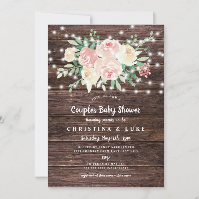 Rustic Floral String Lights girl baby shower Invitation (Front)