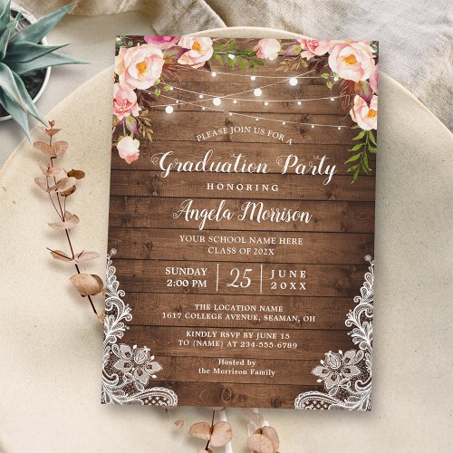 2018 Graduation Party Rustic Floral String Lights Card