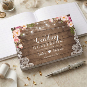 Rustic Floral String Lights Lace Wedding Guest Book