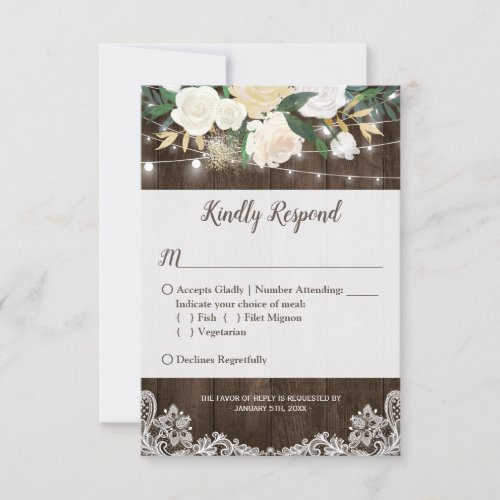 Rustic Floral String Lights Lace Wedding RSVP