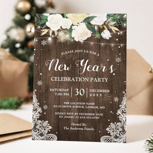 Rustic Floral String Lights New Year's Party Card