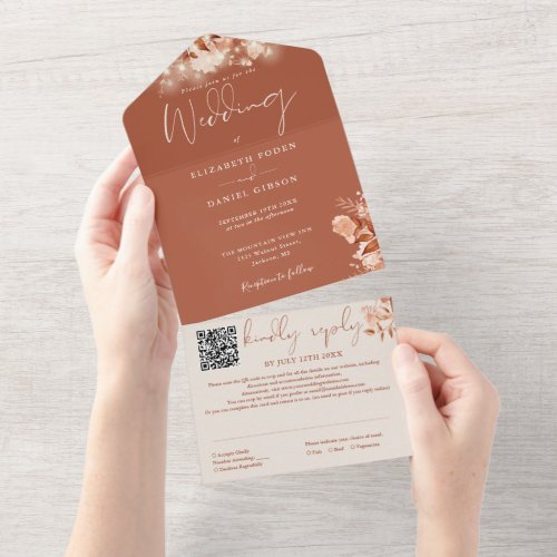 Rustic Floral String Lights QR Code Fall Wedding All In One Invitation