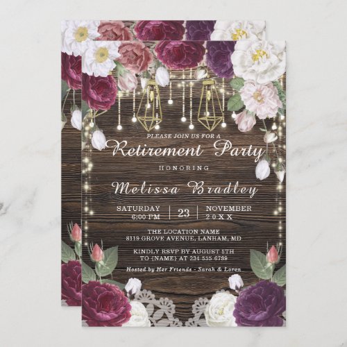 Rustic Floral String Lights Retirement Party Invitation