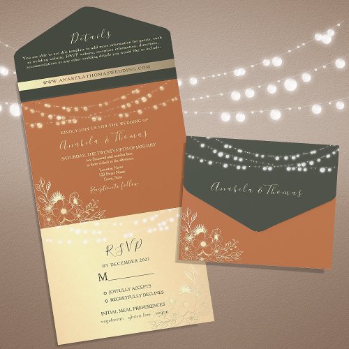 Rustic Floral String Lights Wedding All In One Invitation