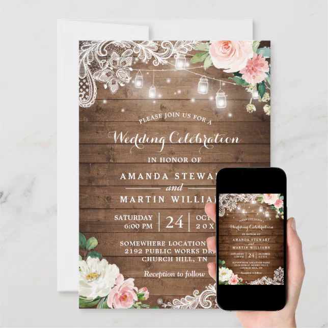 Rustic Floral String Lights Wedding Celebration Invitation | Zazzle