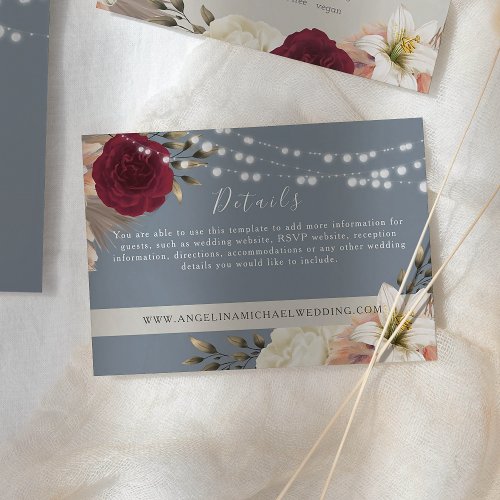 Rustic Floral String Lights Wedding Details Enclosure Card