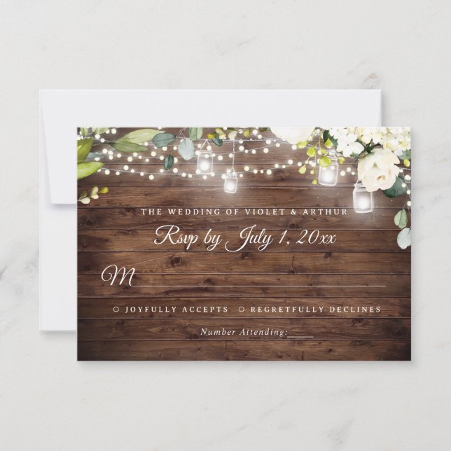Rustic Floral String Lights Wedding RSVP Invitation (Front)