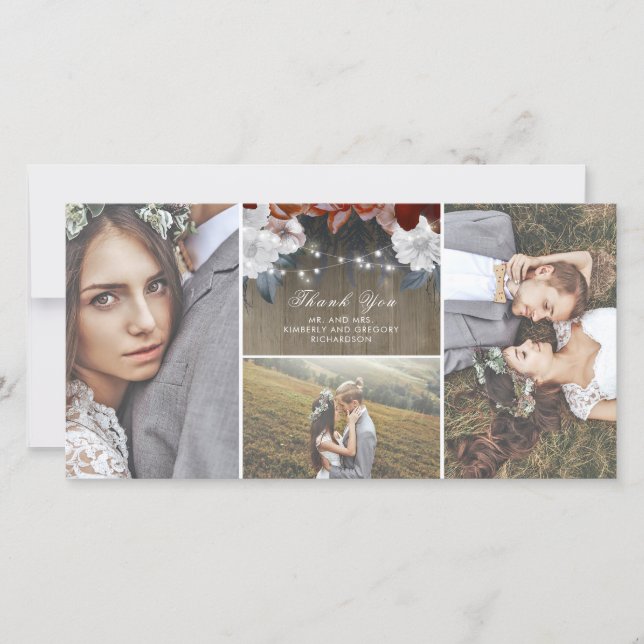 Rustic Floral String Lights Wood Wedding Thank You (Front)