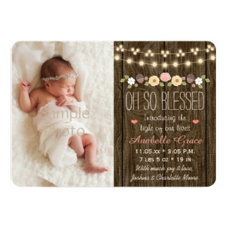 Rustic Floral String of Lights Birth Announcements