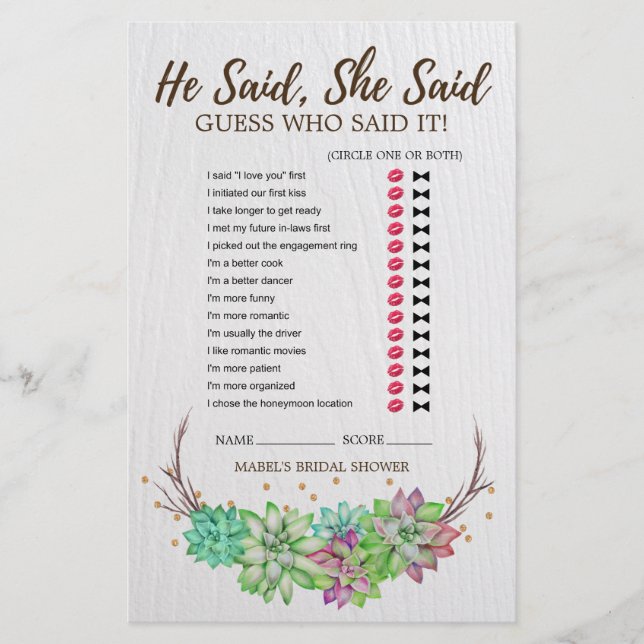 Rustic Floral Succulent Wedding Word Search Game (Front)