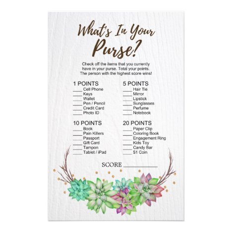 Rustic Floral Succulent &quot;Whats In Your Purse&quot; Game Flyer