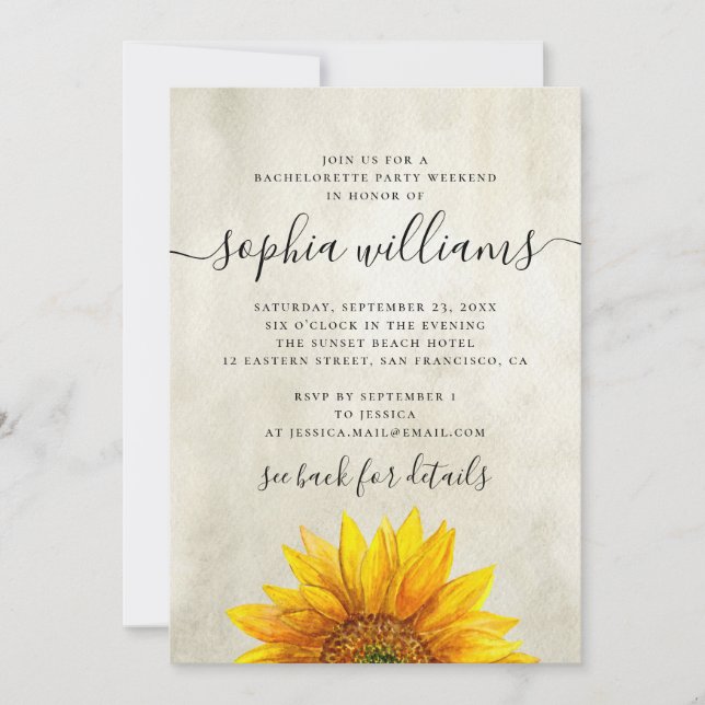 Rustic floral sunflower bachelorette party weekend invitation (Front)