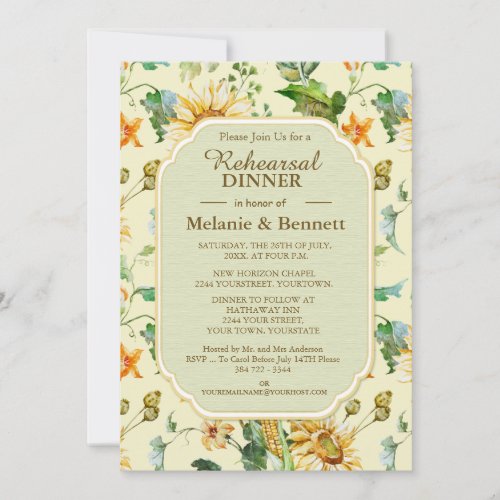 Rustic Floral Sunflower Botanical Rehearsal Dinner Invitation