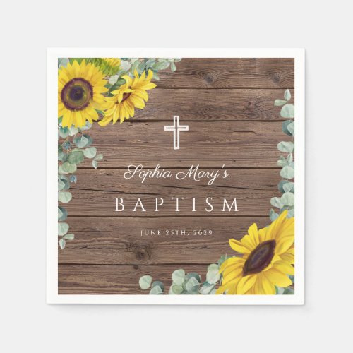 Rustic Floral Sunflower Cross  Baptism  Napkins