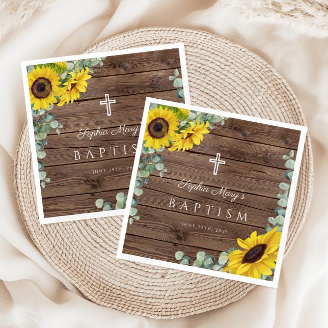Rustic Floral Sunflower Cross  Baptism  Napkins (Rustic Floral Sunflower Cross Baptism Napkins)