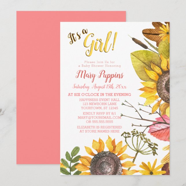 Rustic Floral Sunflower Garden Girl Baby Shower Invitation (Front/Back)